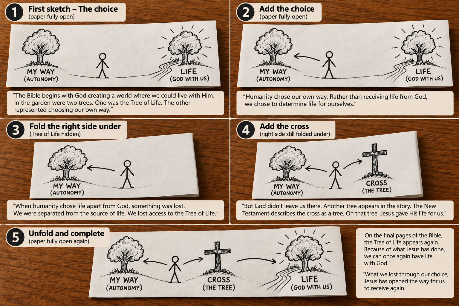 Life From the Tree five movement storyboard showing Draw, Choose, Fold, Cross, and Unfold